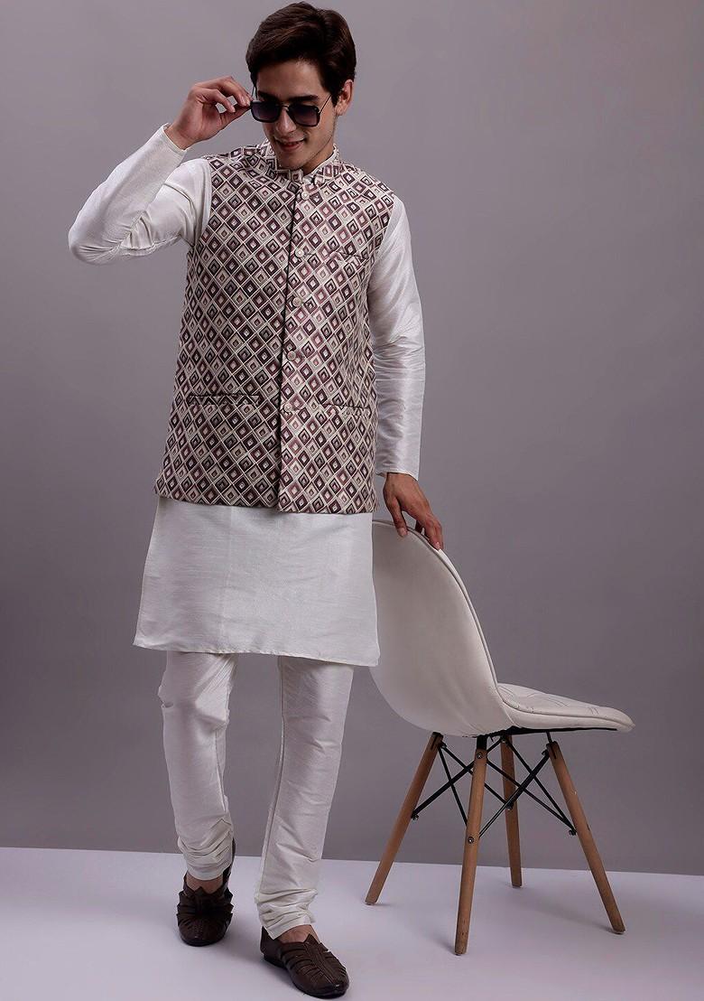 Purple Woven Design Poly Blend Kurta Set For Men