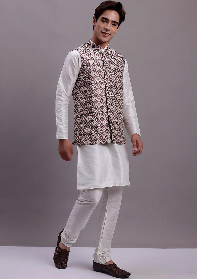 Purple Woven Design Poly Blend Kurta Set For Men