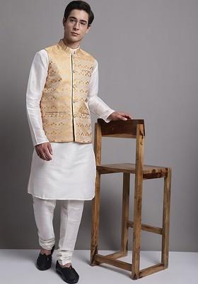 Gold Woven Design Poly Blend Kurta Set For Men