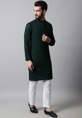 Olive Embellished Poly Blend Kurta Set For Men