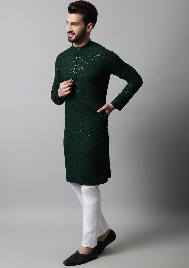 Olive Embellished Poly Blend Kurta Set For Men