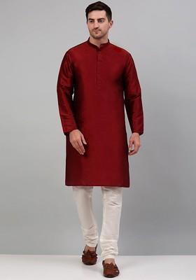Maroon Embroidered Poly Blend Kurta Set For Men