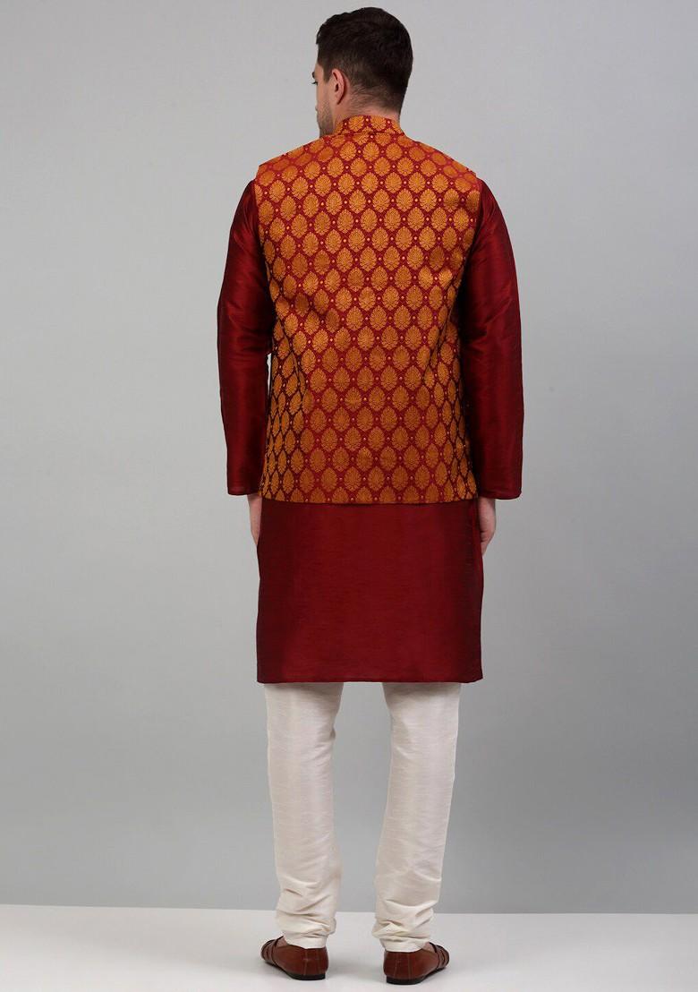 Maroon Embroidered Poly Blend Kurta Set For Men