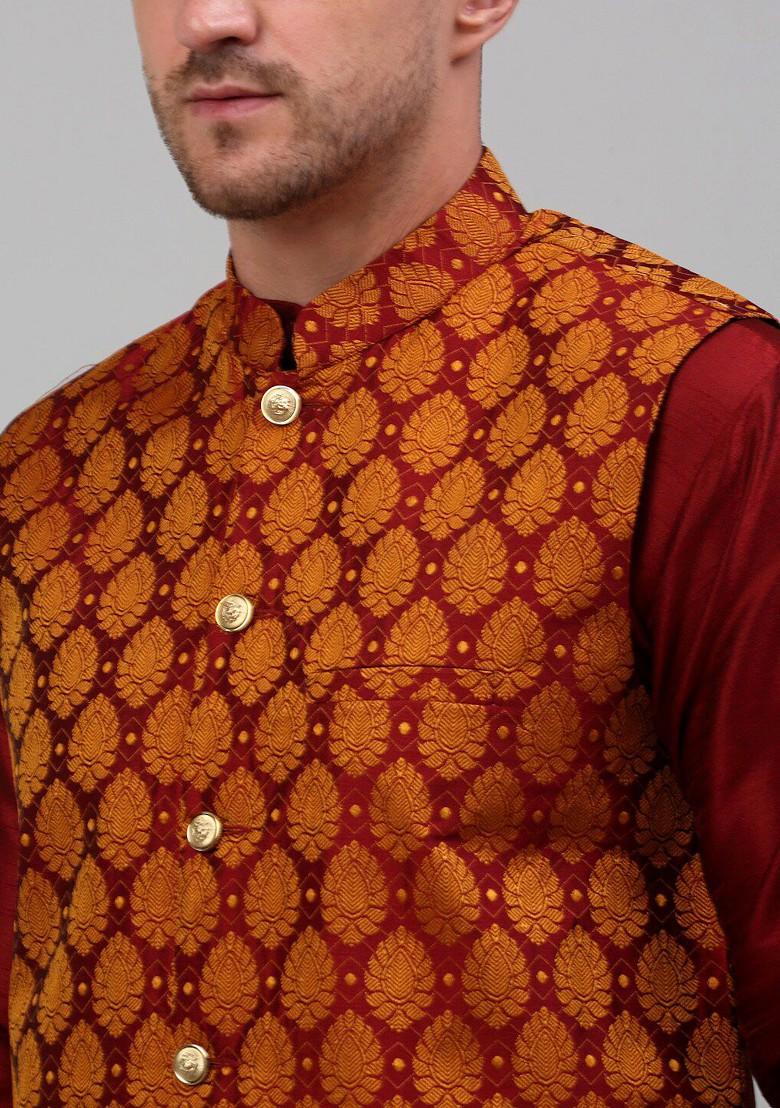 Maroon Embroidered Poly Blend Kurta Set For Men