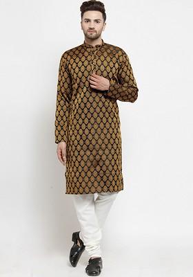 Black Woven Design Poly Blend Kurta Set For Men