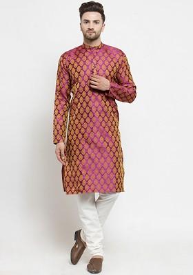 Pink Woven Design Poly Blend Kurta Set For Men