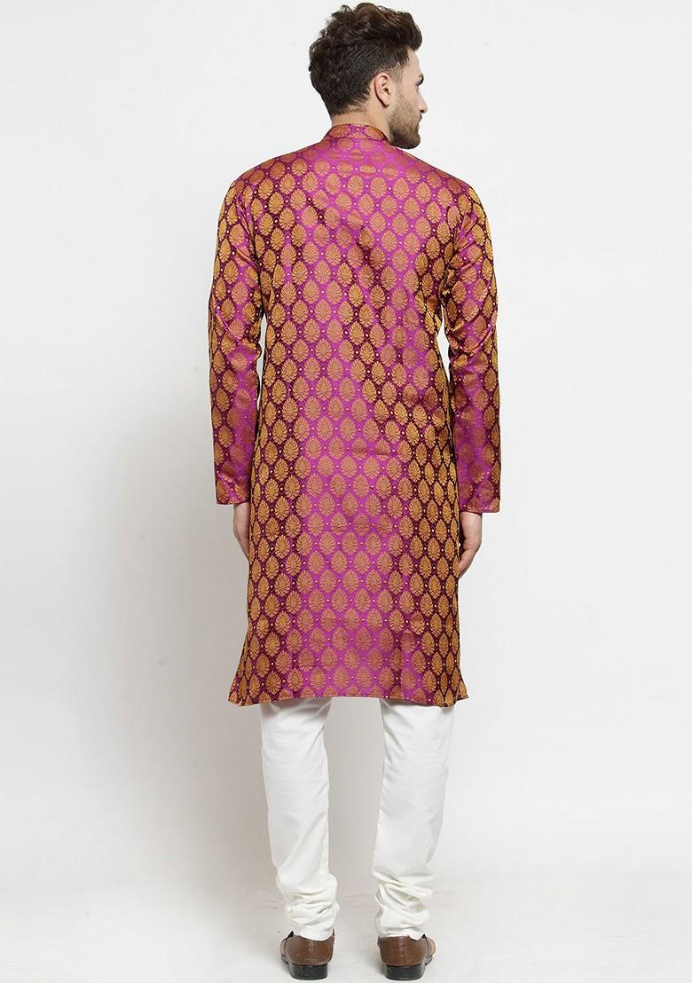 Pink Woven Design Poly Blend Kurta Set For Men