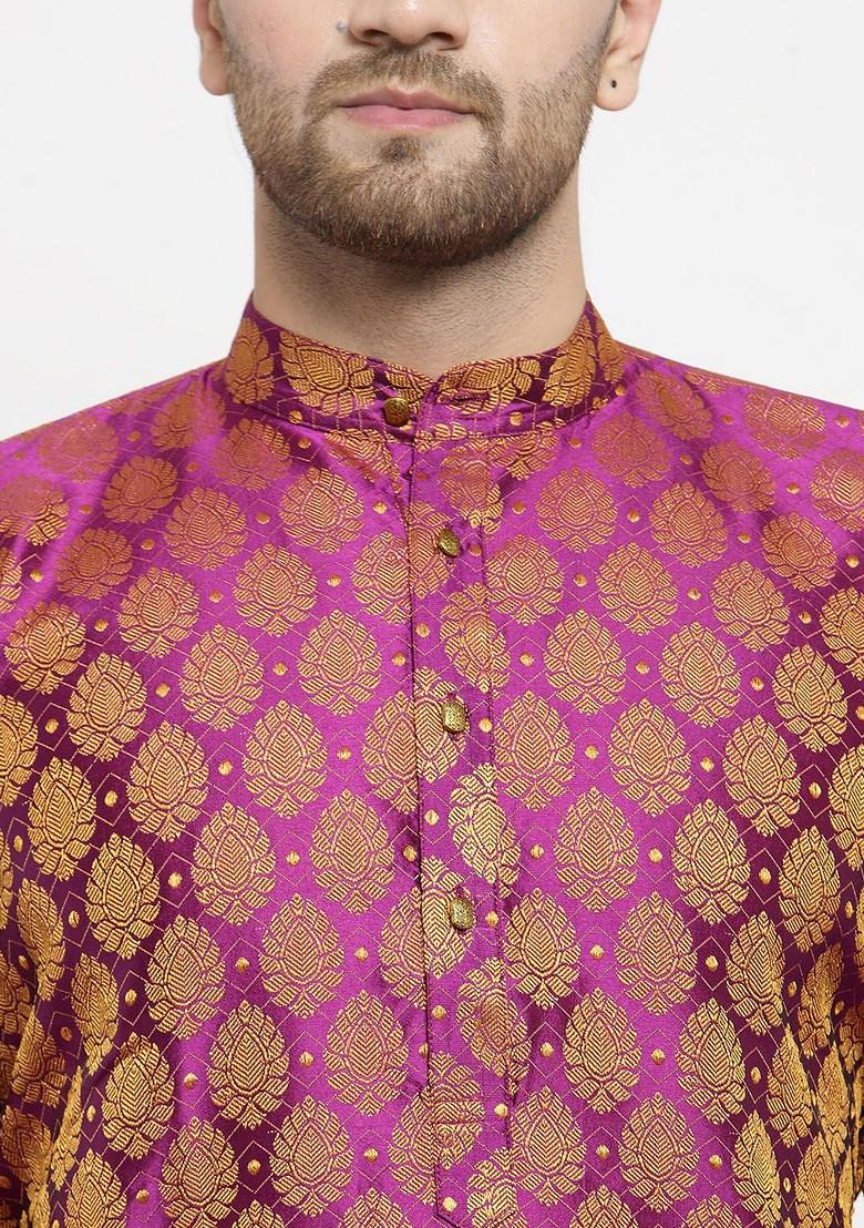 Pink Woven Design Poly Blend Kurta Set For Men
