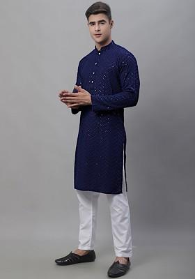 Navy Blue Embroidered Poly Blend Kurta Set For Men