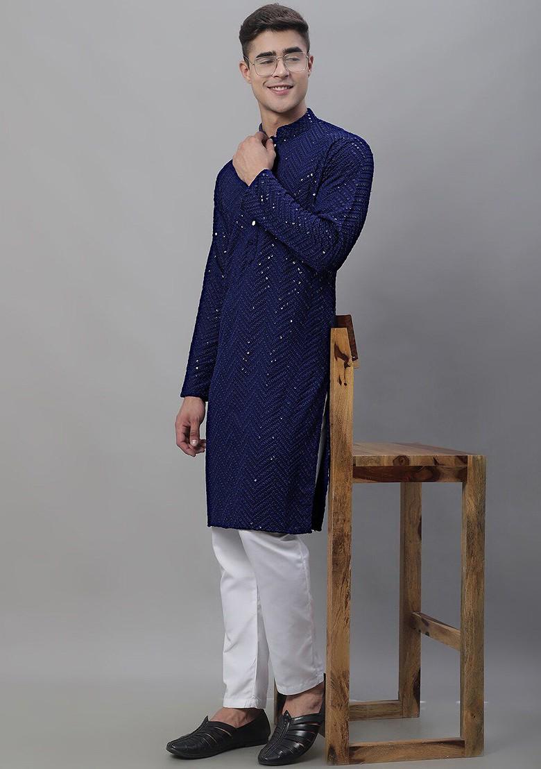 Navy Blue Embroidered Poly Blend Kurta Set For Men