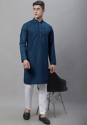 Teal Blue Embroidered Poly Blend Kurta Set For Men