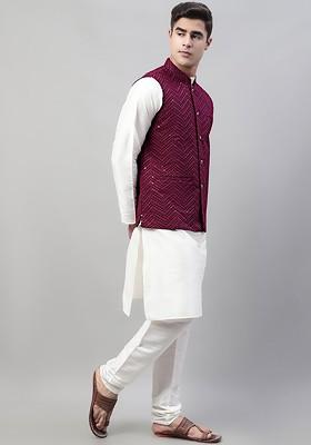 Burgundy Embroidered Poly Blend Kurta Set For Men