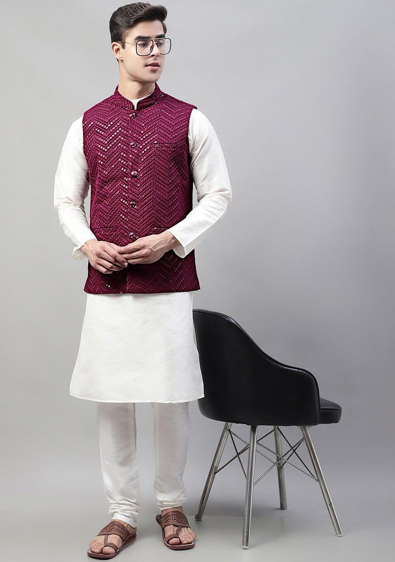 Burgundy Embroidered Poly Blend Kurta Set For Men