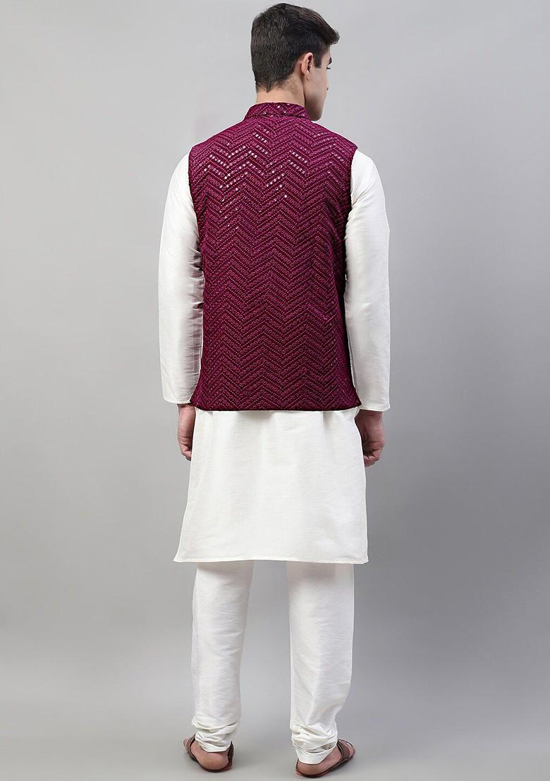 Burgundy Embroidered Poly Blend Kurta Set For Men