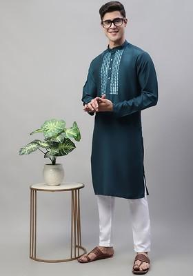 Teal Blue Embroidered Poly Blend Kurta Set For Men