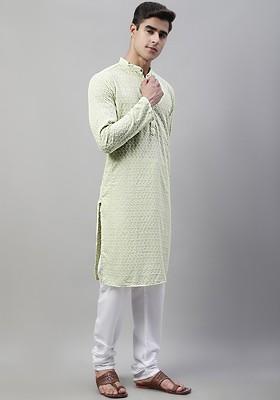 Lime Green Embroidered Poly Blend Kurta Set For Men
