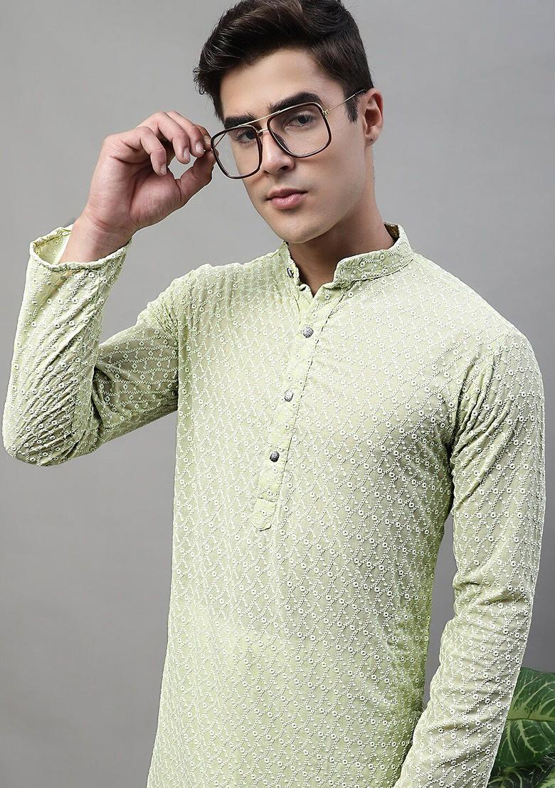 Lime Green Embroidered Poly Blend Kurta Set For Men