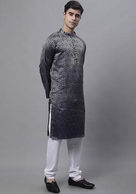 Navy Blue Woven Design Poly Blend Kurta Set For Men