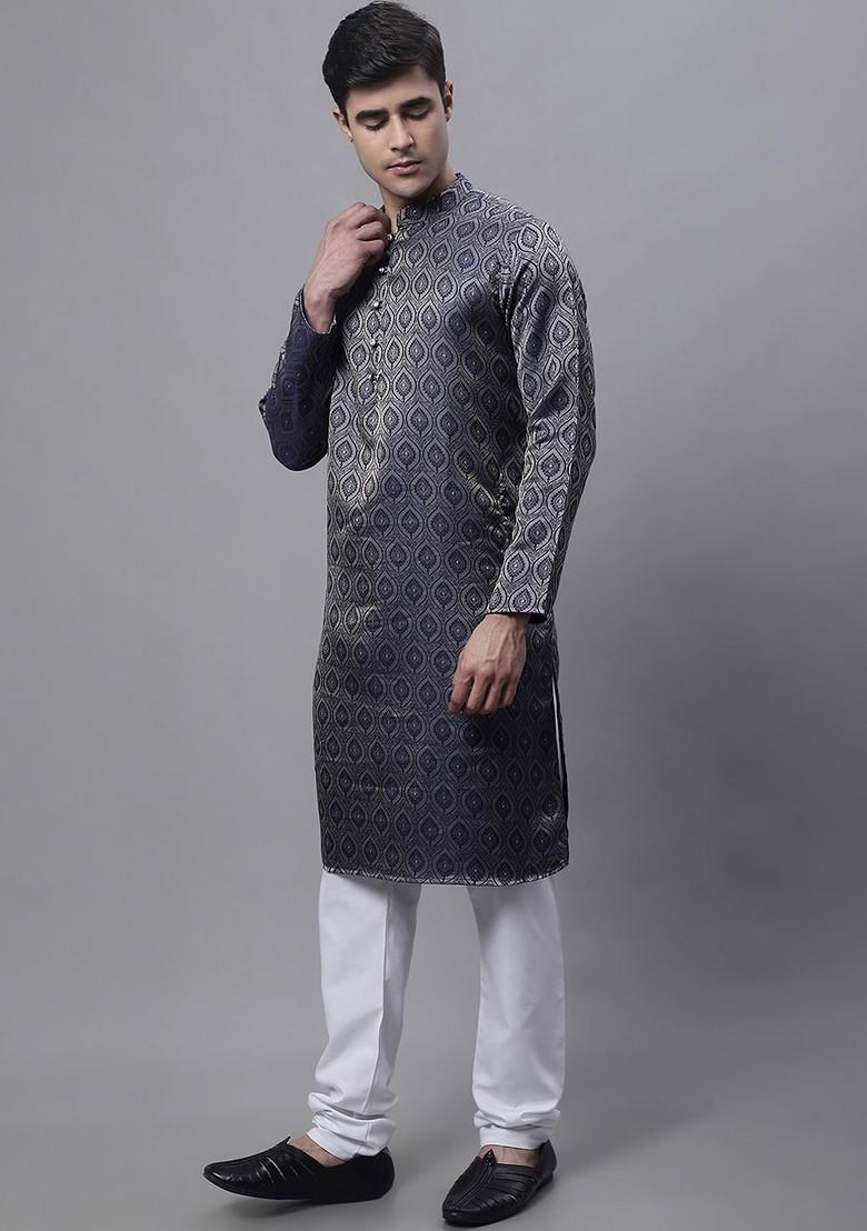 Navy Blue Woven Design Poly Blend Kurta Set For Men