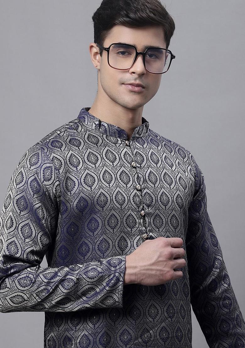 Navy Blue Woven Design Poly Blend Kurta Set For Men
