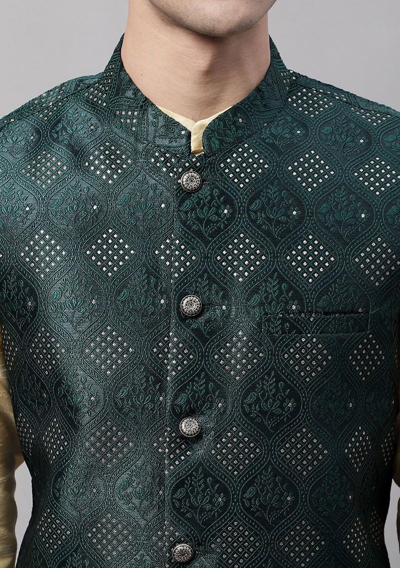 Olive Printed Poly Blend Kurta Set For Men
