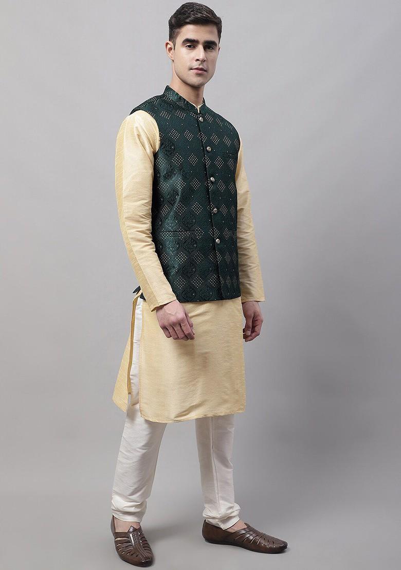 Olive Printed Poly Blend Kurta Set For Men
