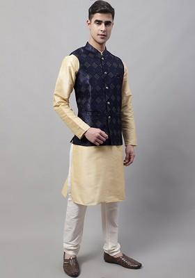 Navy Blue Floral Print Poly Blend Kurta Set For Men