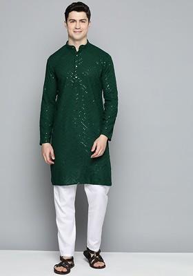 Green Embroidered Poly Blend Kurta Set For Men