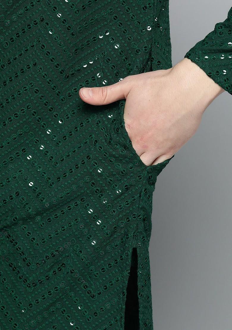 Green Embroidered Poly Blend Kurta Set For Men