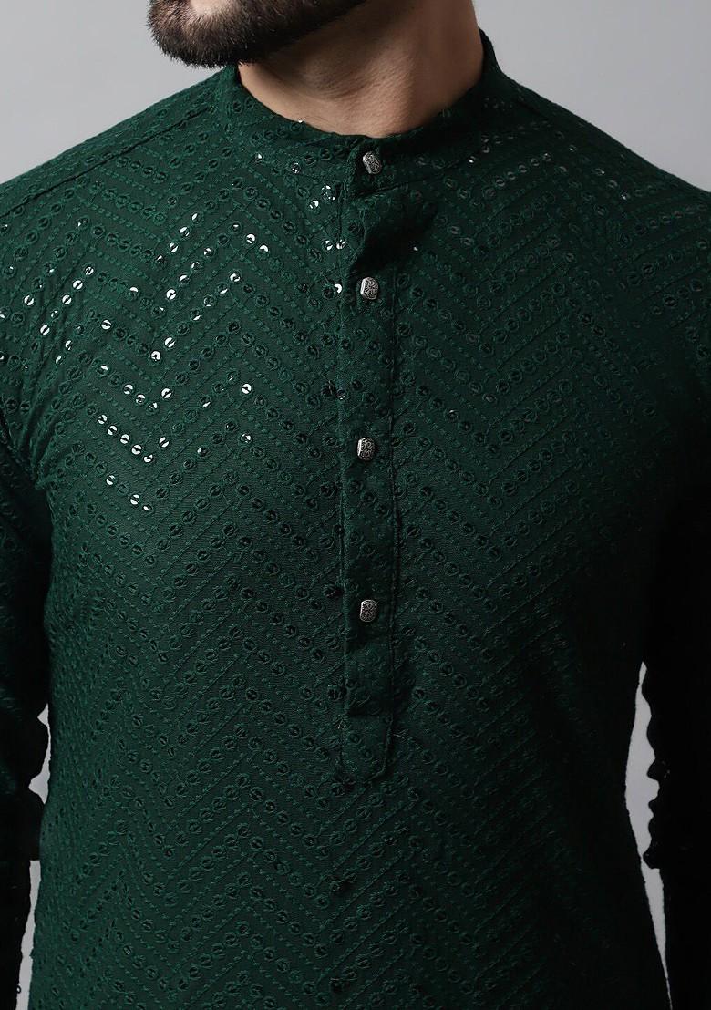 Green Embroidered Poly Blend Kurta Set For Men