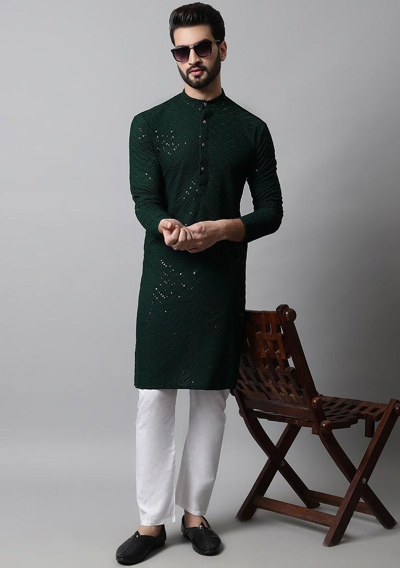 Green Embroidered Poly Blend Kurta Set For Men