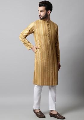 Beige Printed Poly Blend Kurta Set For Men