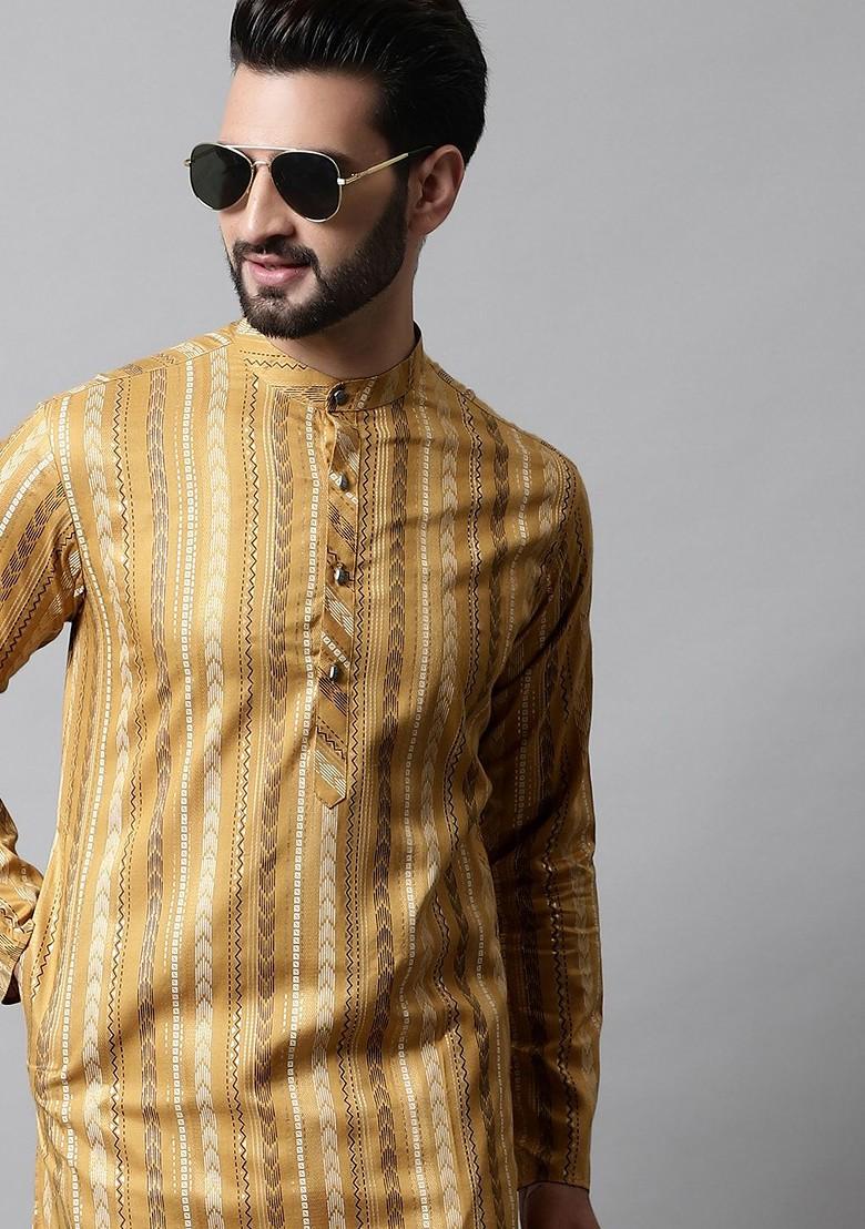 Beige Printed Poly Blend Kurta Set For Men