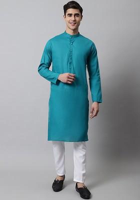 Turquoise Blue Embroidered Poly Blend Kurta Set For Men