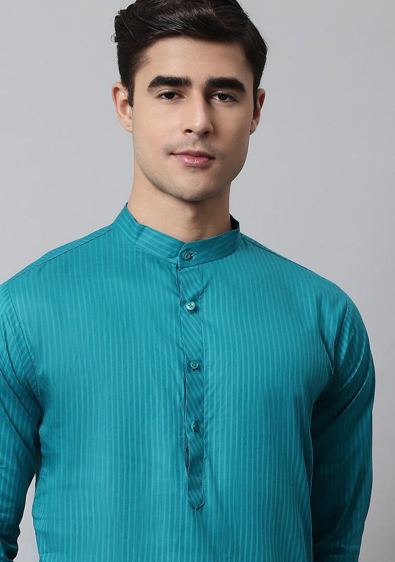 Turquoise Blue Embroidered Poly Blend Kurta Set For Men
