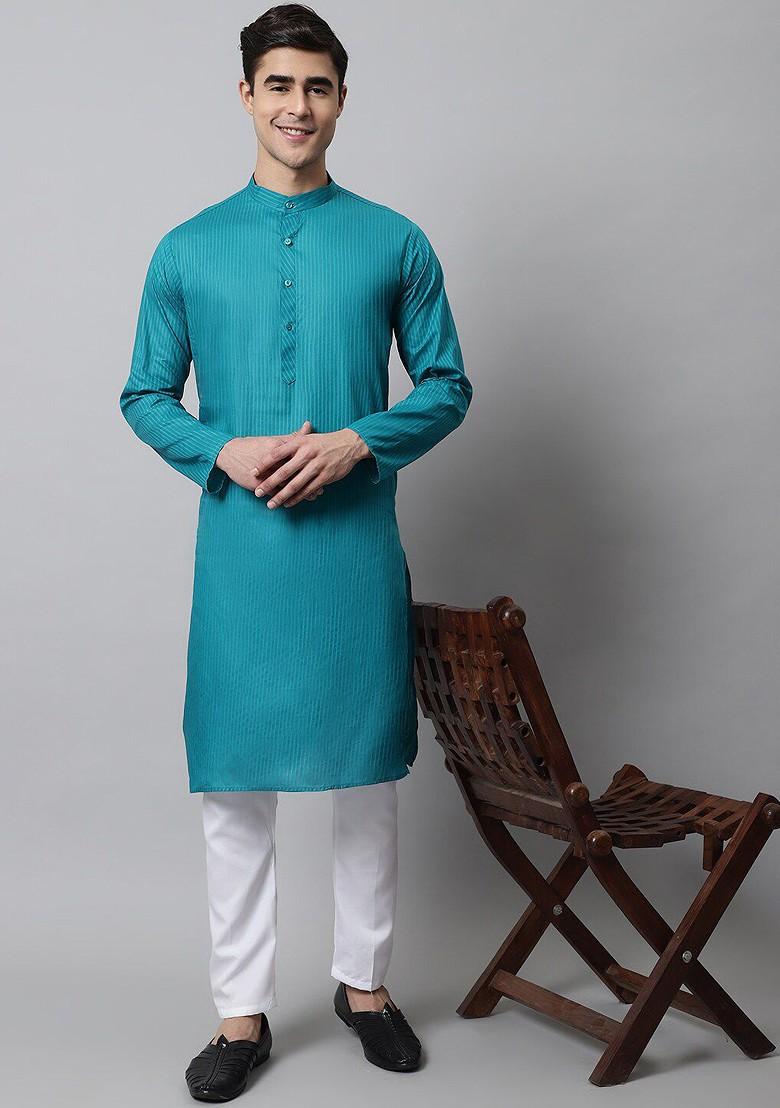 Turquoise Blue Embroidered Poly Blend Kurta Set For Men