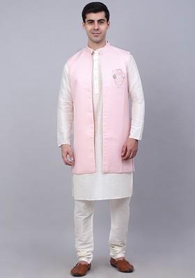 White Embroidered Poly Blend Kurta Set For Men