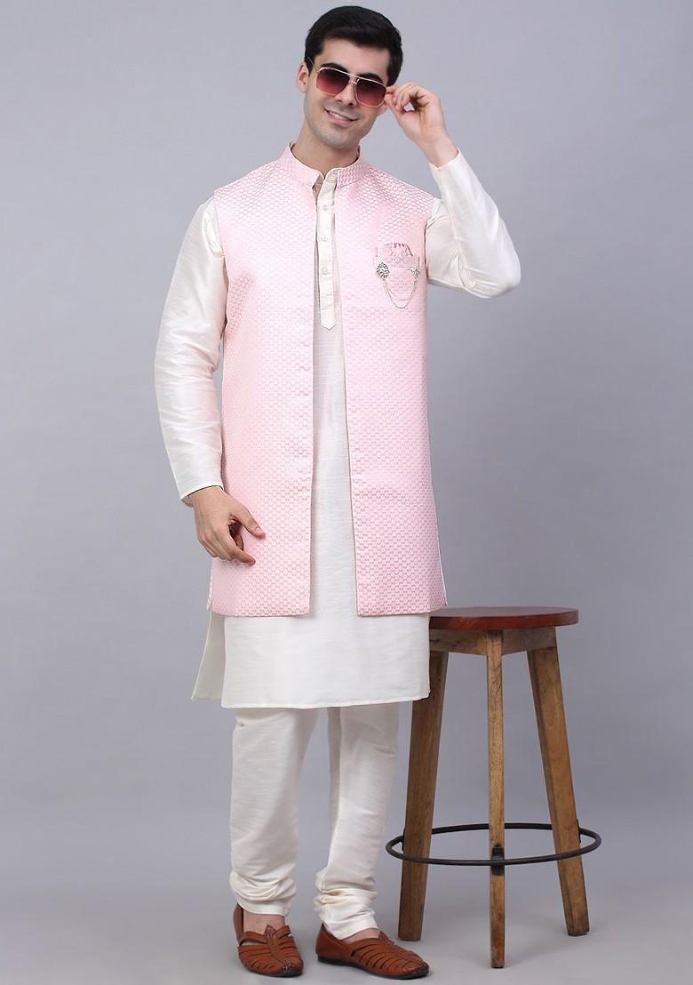 White Embroidered Poly Blend Kurta Set For Men