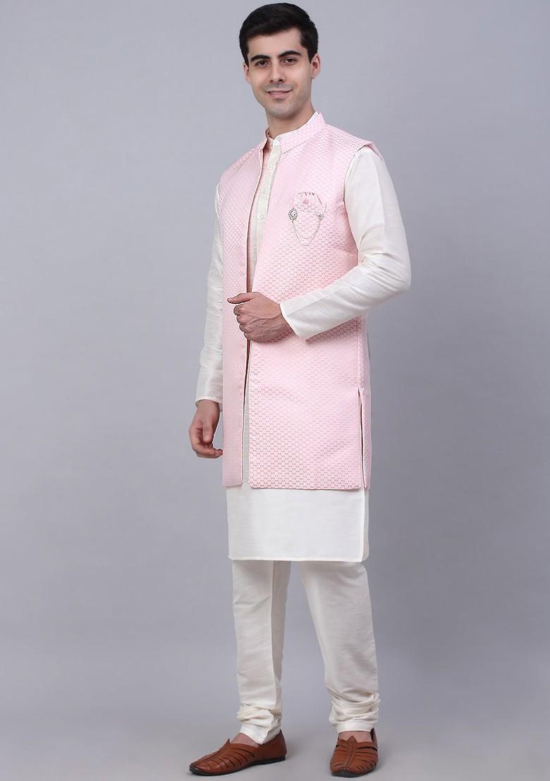 White Embroidered Poly Blend Kurta Set For Men