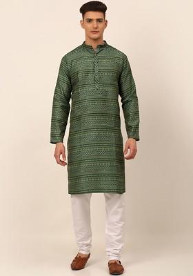 Green Printed Poly Blend Kurta Set For Men