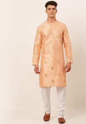 Peach Embroidered Poly Blend Kurta Set For Men