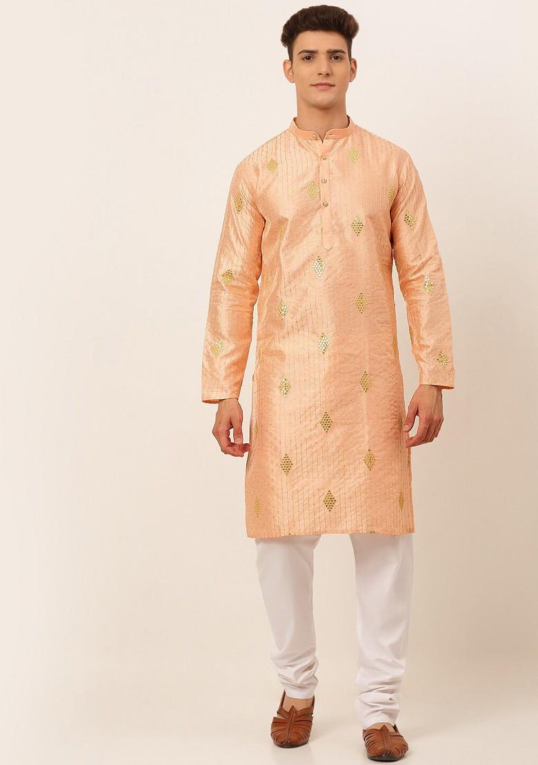 Peach Embroidered Poly Blend Kurta Set For Men