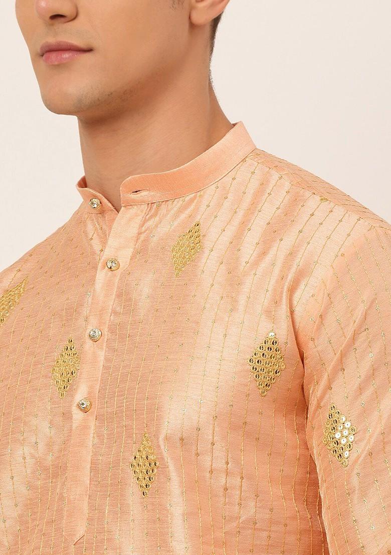 Peach Embroidered Poly Blend Kurta Set For Men