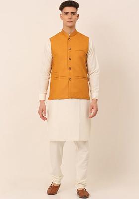 Mustard Yellow Embroidered Poly Blend Kurta Set For Men