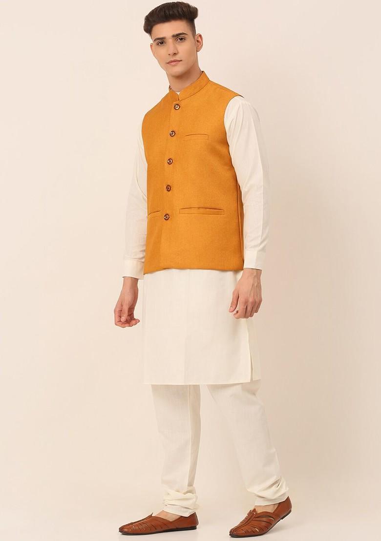 Mustard Yellow Embroidered Poly Blend Kurta Set For Men