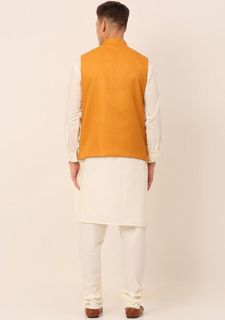 Mustard Yellow Embroidered Poly Blend Kurta Set For Men