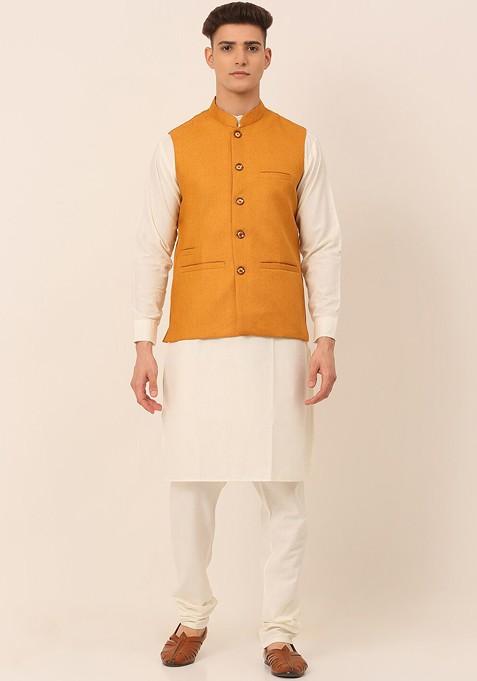 Mustard Yellow Embroidered Poly Blend Kurta Set For Men