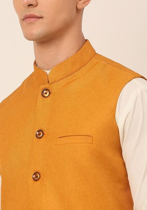 Mustard Yellow Embroidered Poly Blend Kurta Set For Men