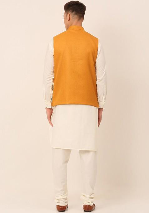 Mustard Yellow Embroidered Poly Blend Kurta Set For Men