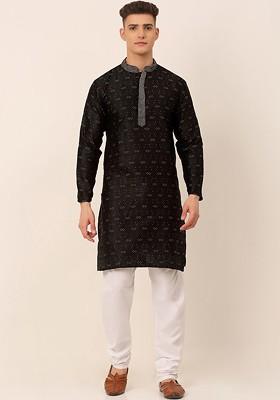 Black Printed Poly Blend Kurta Set For Men